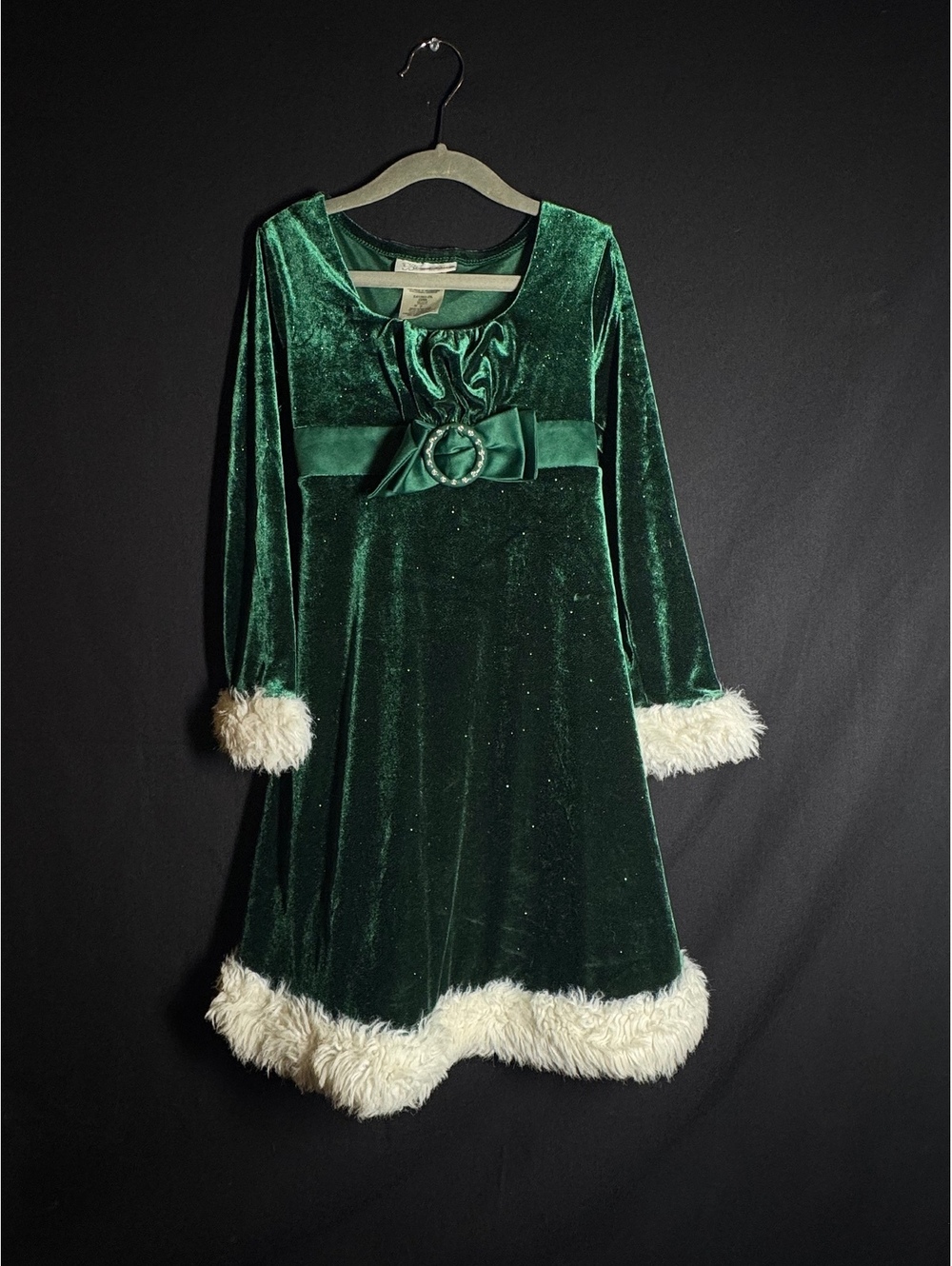 Bonnie Jean Holiday Dress Size 7 Green Velvet Faux Fur Trim